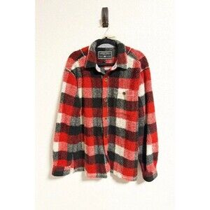 True Grit Mens Red Black White Plaid Flannel Fuzzy Fleece Shirt Large